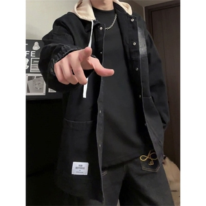 假两件拼接外套复古风长袖连帽休闲风牛仔夹克男JA8711-特价P68图片
