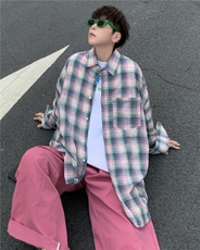 男格子褶皱免烫轻薄防晒透气长袖衬衫春秋休闲宽松衬衣CS090-P43，男装衬衫，星座308B-2