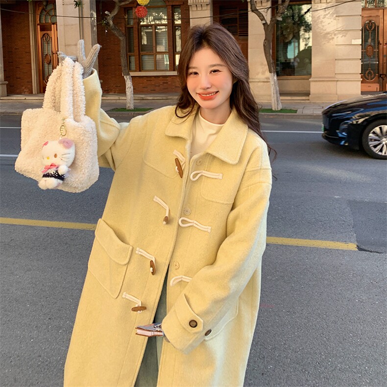 韩版学院风鹅黄色长款毛呢大衣女2025秋冬季新款显瘦加厚呢子外套,女装毛呢外套,2C058