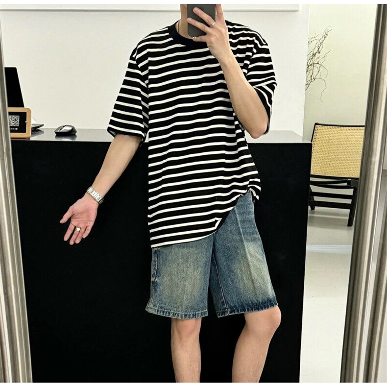 抖音直播现货条纹短袖男T恤宽松半截袖情侣装T2510-P35,男装T恤,星座1212
