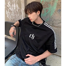 抖音得物高品质二开240克宽松纯棉美式潮牌三条杠织带短袖T恤，男装T恤，电商A486-1