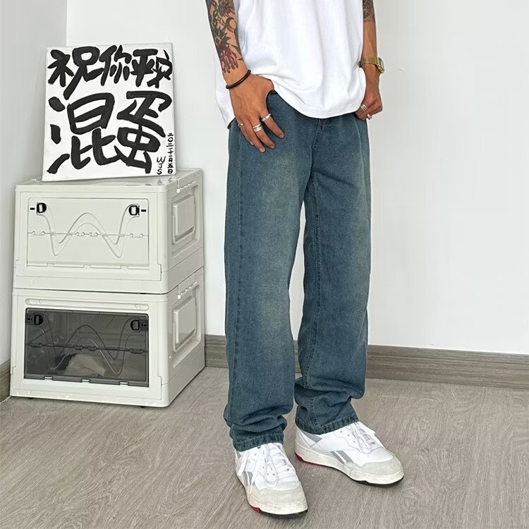 水洗浅色直筒牛仔裤男ins潮牌宽松基础高街hiphop长裤子 NQ09图片