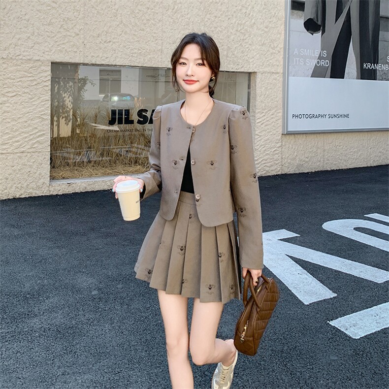 小香风时尚套装裙女2025春季新款法式富家千金感穿搭百褶裙两件套,女装套装/套裙,1D102-1