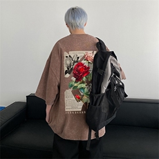 xz605-dsx128-特批30控492026春季新款玫瑰报纸印花水洗短袖T恤，男装T恤，星座605(原A050)