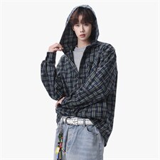 衬衫男春季新款港风宽松连帽大码格子长袖衬衣CS1982-P42，男装衬衫，星座214-3