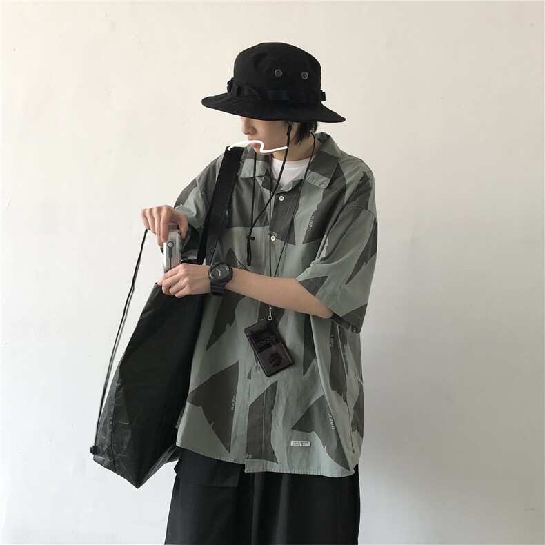 夏威夷风日系蓝色短袖衬衫男港风休闲印花拼色五分袖衬衣CG01,男装T恤,星座1116A（原606A-3）