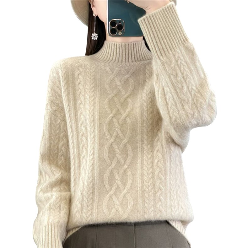 重磅加厚半高领绞花毛衣女2025秋冬新款长袖保暖针织打底毛衫上衣,针织衫/毛衣,萱芳婷羊绒