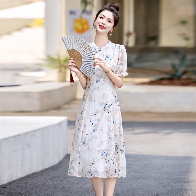 新中式印花改良旗袍连衣裙女2024夏季新款气质修身显瘦小清新裙子,女装连衣裙,乐吉娜