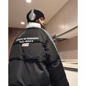 胖胖哥潮牌条纹棉服男冬季大码美式高街外套撞色百搭保暖棉服男款图片