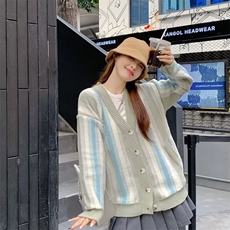 美式拼接彩色条纹针织衫毛衣女春秋季2026新款慵懒风宽松连帽开衫，男装针织衫/毛衣，星座516A