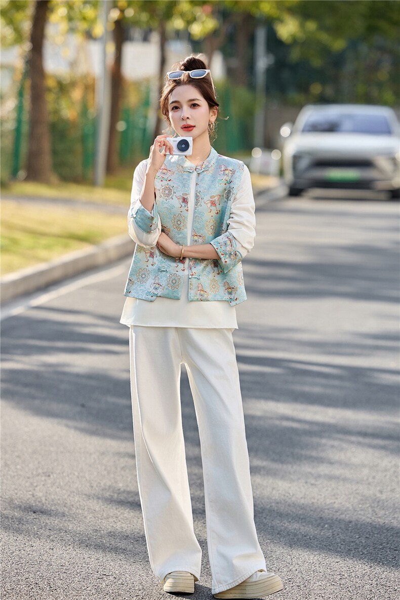 现货！2026春装新款新中式复古刺绣马甲上衣两件套,女装套装/套裙,涵墨