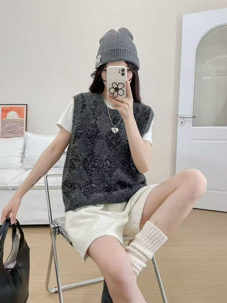 2025年秋季时尚百搭通勤简约休闲珠片纱烫钻马甲，女装马甲，暖姿羊绒