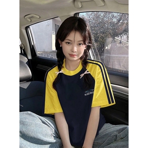 夏季美式高街重磅纯棉三条杠织带插肩撞色男女短袖T恤CZ172-特P25