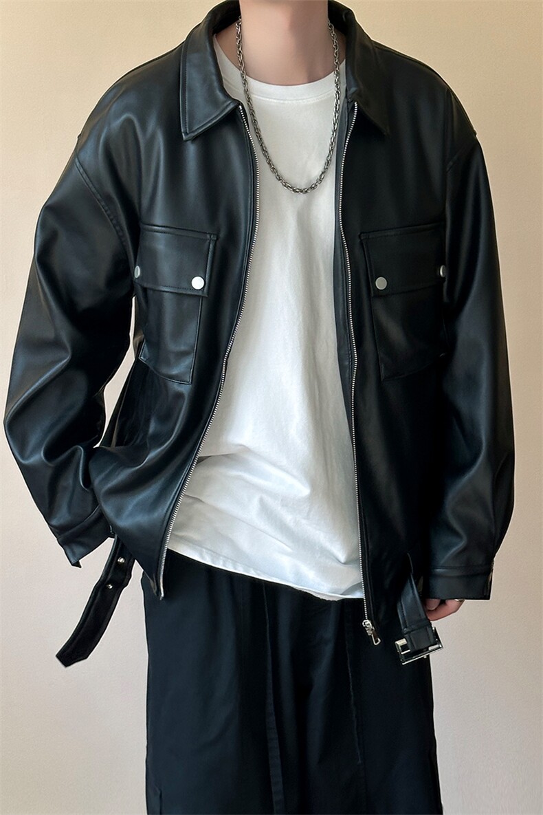 现货-潮牌工装皮夹克男时尚宽松皮衣帅气潮流机车服-AP23092-P110,男装夹克,电商A351