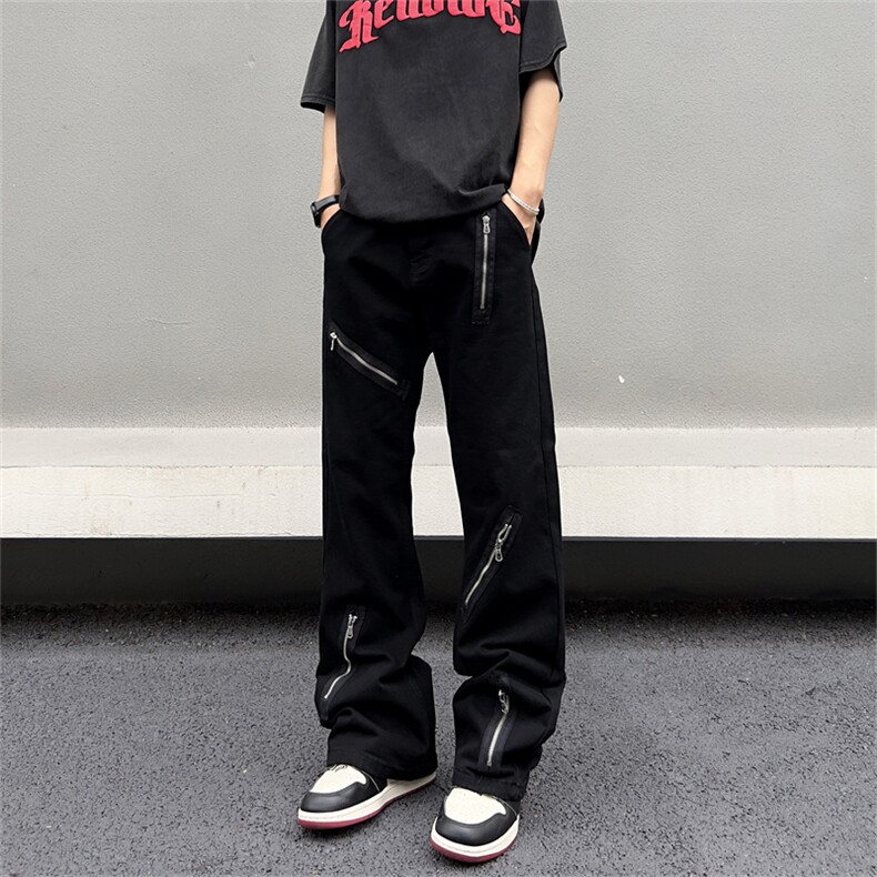暗黑宽松微喇叭黑色牛仔裤多拉链设计感男女裤子N09037-P45,男装牛仔裤,星座308B-1