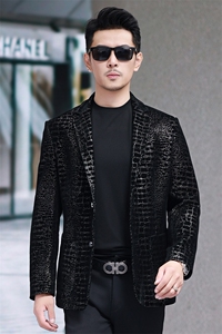 春秋款男士皮衣鳄鱼纹西服商务休闲男装中年爸爸装夹克外套图片