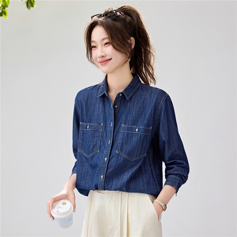 2026早春新款复古蓝牛仔衬衫女宽松显瘦双口袋衬衣百搭叠穿韩系,女装衬衫,艾米
