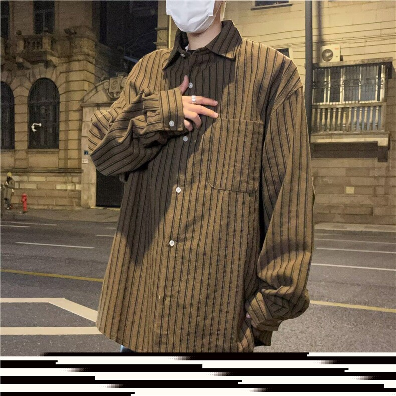 春秋日系复古咖色长袖条纹衬衫男女休闲宽松潮牌衬衣外套,男装衬衫,星座601-1