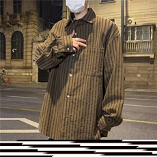 春秋日系复古咖色长袖条纹衬衫男女休闲宽松潮牌衬衣外套，男装衬衫，星座601-1