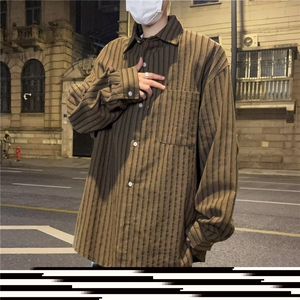 春秋日系复古咖色长袖条纹衬衫男女休闲宽松潮牌衬衣外套图片