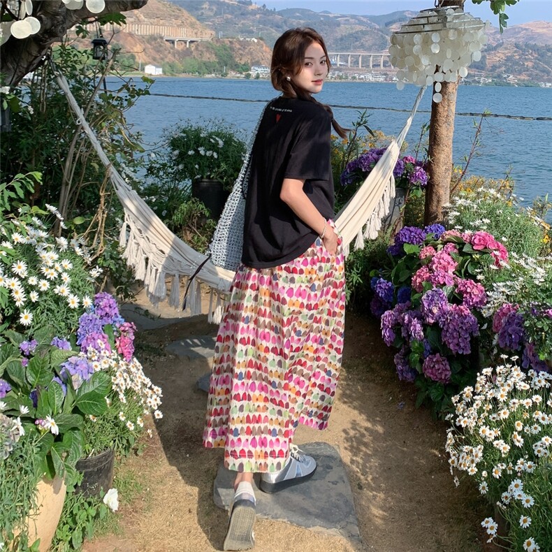 天丝油画郁金香半身裙T恤两件套女2025新款夏日绝美超火穿搭套装,女装套装/套裙,2C209