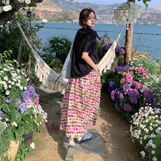 天丝油画郁金香半身裙T恤两件套女2025新款夏日绝美超火穿搭套装，女装套装/套裙，2C209