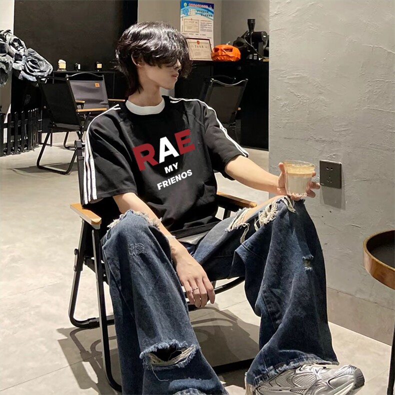 抖音得物高品质二开240克宽松纯棉美式潮牌三条杠织带短袖T恤,男装T恤,电商A486