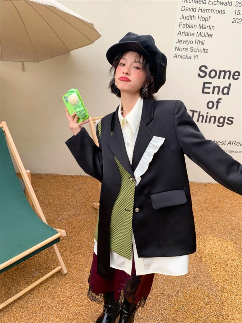 不对称拼接西装，女装西装，YOUER DENG