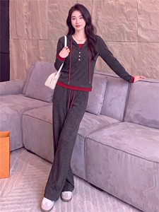 设计感休闲运动套装女春秋时尚新款连帽长袖卫衣阔腿长裤两件套潮图片 设计感休闲运动套装女春秋时尚新款连帽长袖卫衣阔腿长裤两件套潮图片