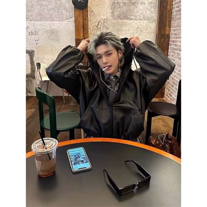 短款连帽皮衣外套男2025新款韩版廓形高级感宽松百搭风衣PU皮夹克，男装风衣，星座1210-1