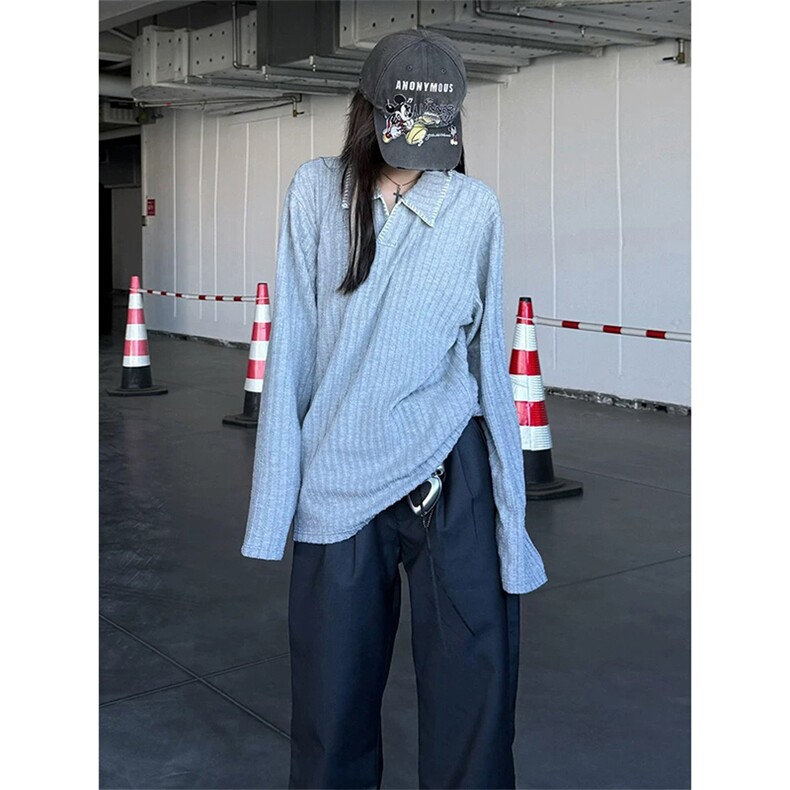 网图慎用 纹理感老钱风手缝线翻领长袖T恤男宽松T24524-特P40控78图片