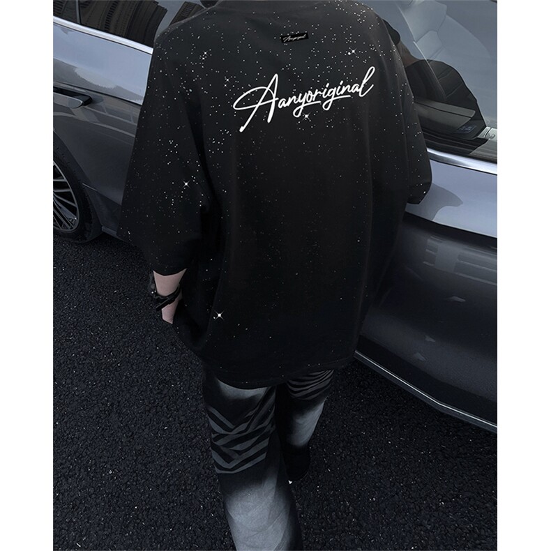 可48小时发货支持抖音得物来样二开美式满天星亮片短袖T恤MTX718，男装T恤，电商A486