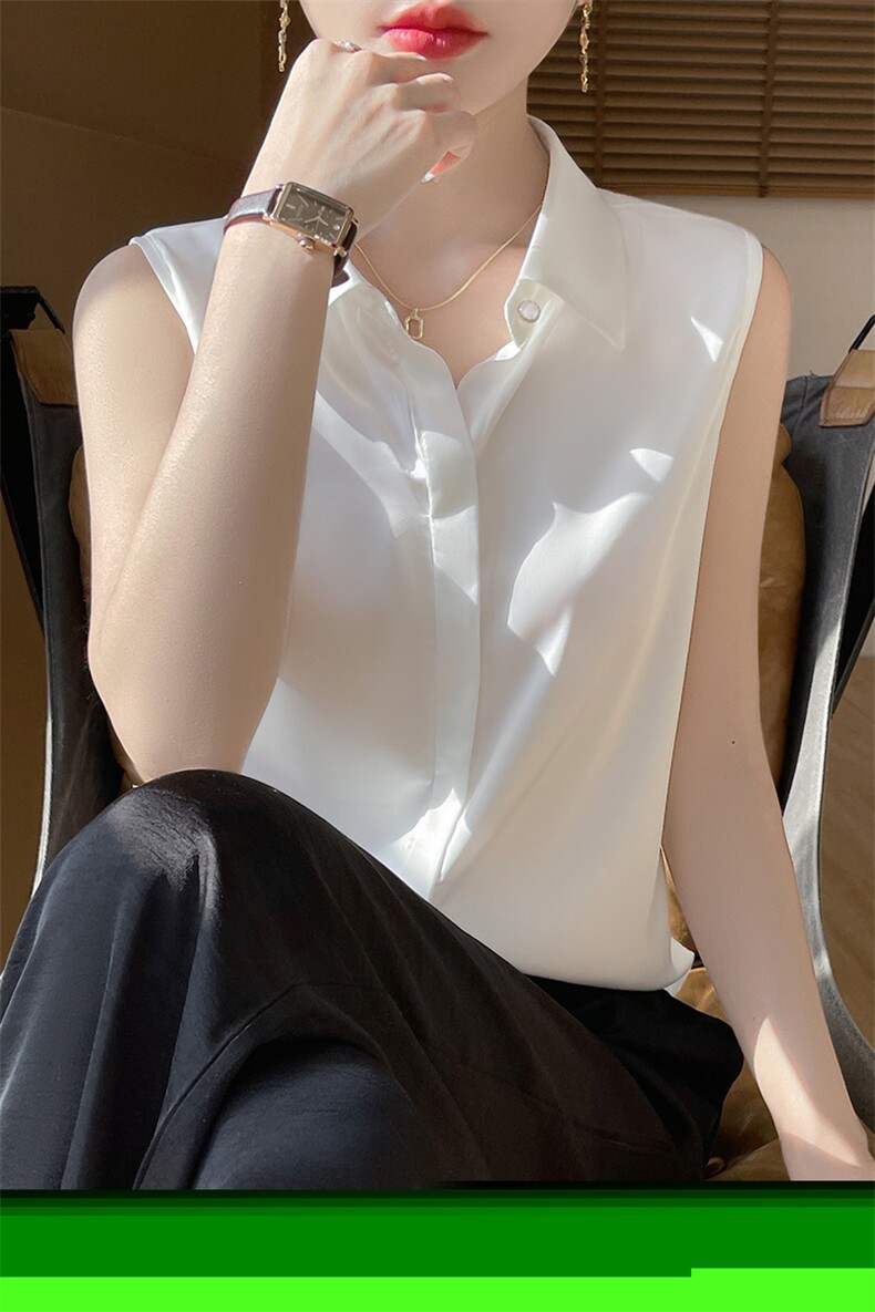 【特价处理】真丝缎面白色衬衫女内搭夏叠穿打底无袖衬衣坎肩背心,女装T恤,羊特美羊绒