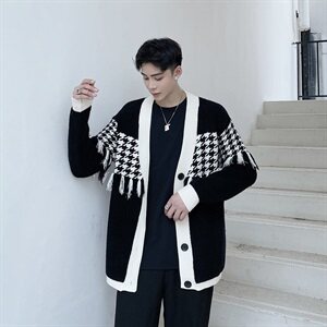 新款千鸟格针织开衫毛衣男时尚流苏百搭毛衫外套A452--MY24--P115图片