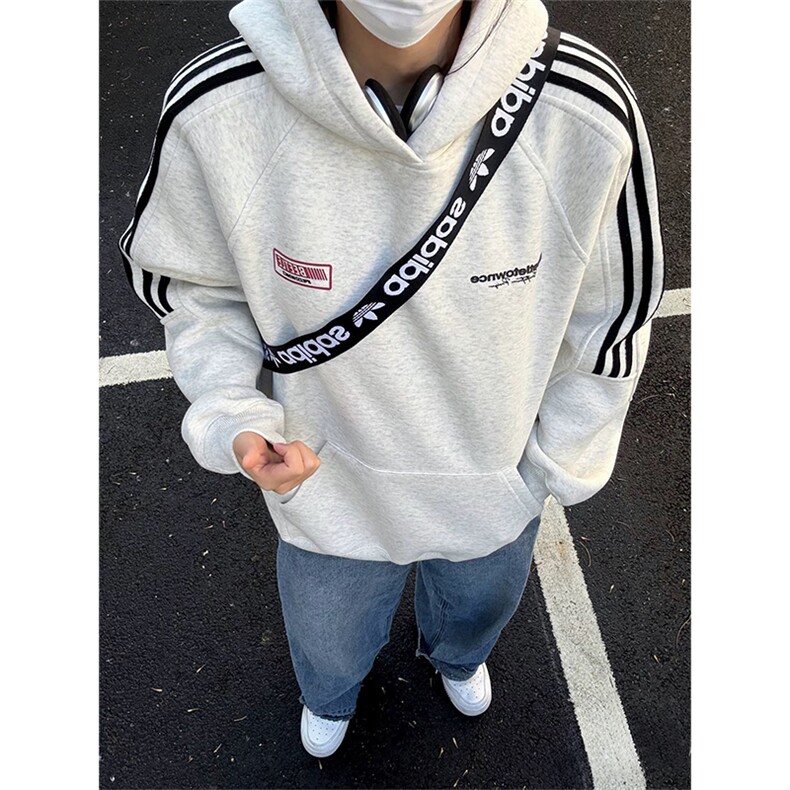 抖音得物品质480克全棉加绒织带连帽印花卫衣三条杠针织卫衣A0410,男装卫衣,电商A443