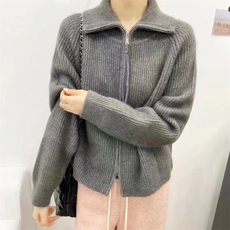 2024秋冬新款韩版宽松显瘦拉链翻领开衫，女装羊毛衫，珍珑羊绒