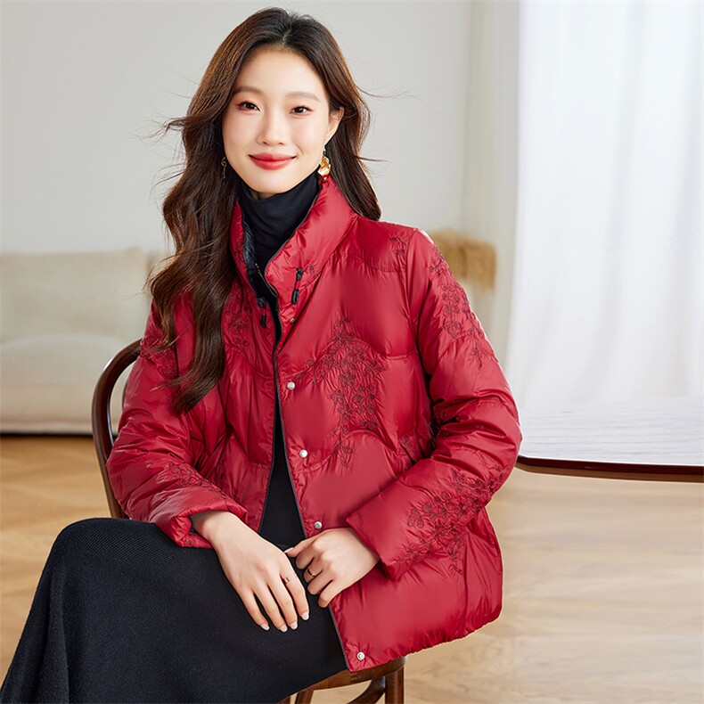 新中式刺绣羽绒服女款2024新款女士冬季短款轻薄立领白鸭绒外套女图片