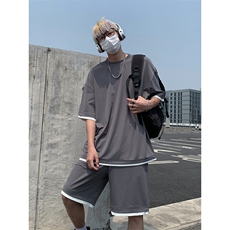 假两件休闲运动短袖套装上衣T3639特P25控48/裤子DK8613特P25控48，男装T恤，电商A007