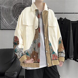 2021秋新款风刺绣夹克男日系明线拼接宽松薄款外套 W1196-P75图片
