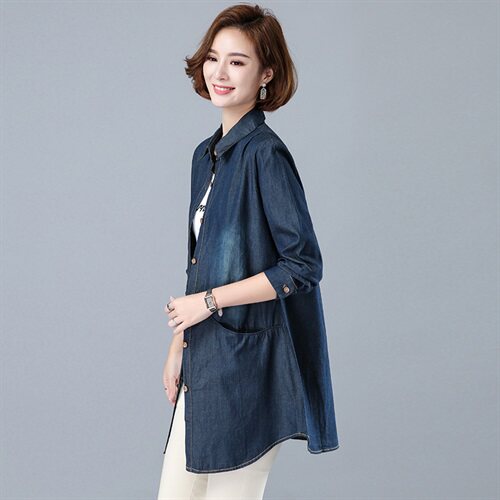 2025秋季新款时尚大口袋牛仔中长款衬衣休闲排多扣纯色大版外套图片