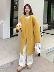 新品黄色羊羔毛长款外套2c309-871-p195-k288，女装毛呢外套，2C309