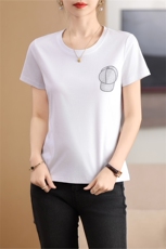 烫钻帽子工艺丝光棉圆领短袖女夏装新款冰丝T恤显瘦修身打底上衣，女装T恤，元素羊绒