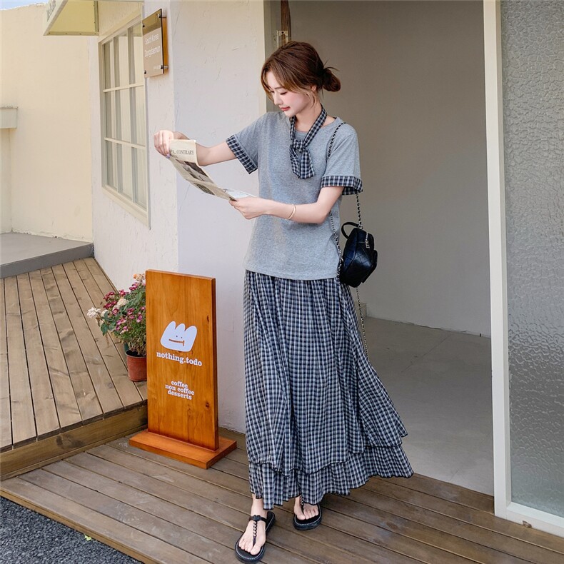 :夏装新款拼接格子T恤＋格子半身裙套装裙2C135-8818P145K208,女装套装/套裙,2C135
