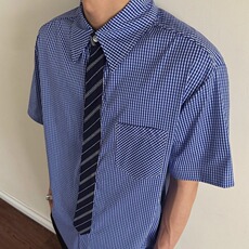 黄金搭配领带老钱风短袖衬衫男女夏季休闲宽松千鸟格衬衣CS2270，男装T恤，星座208-5