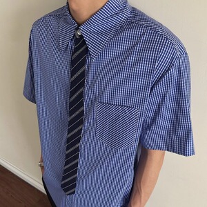 黄金搭配领带老钱风短袖衬衫男女夏季休闲宽松千鸟格衬衣CS2270图片
