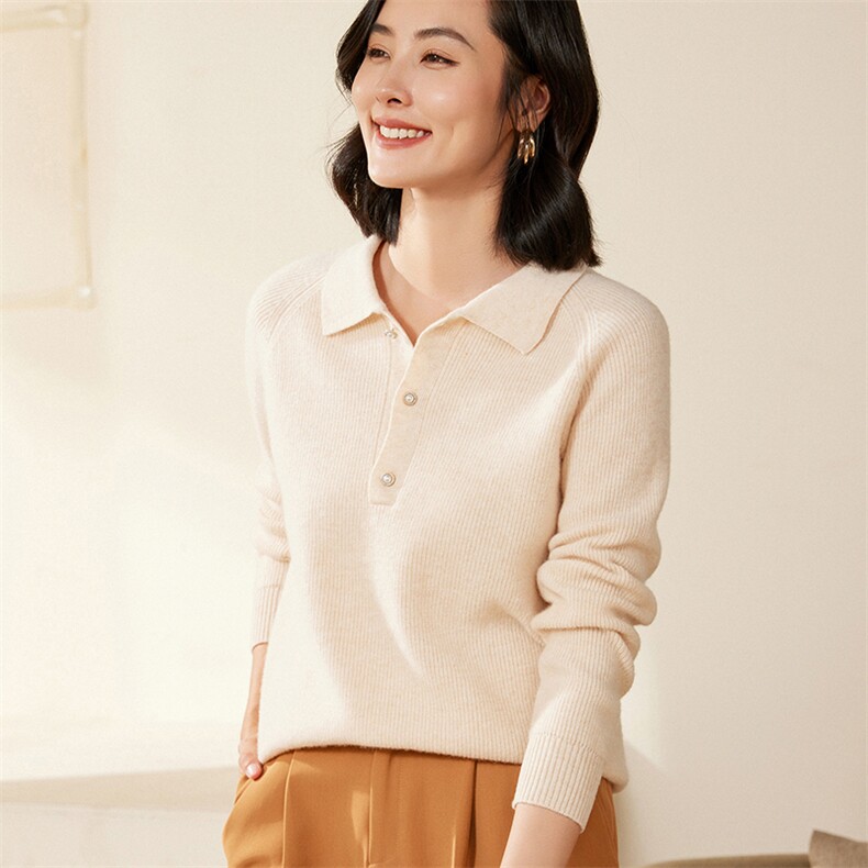2024新款宽松休闲翻领文艺优雅范女羊毛衫,女装羊毛衫,北娇羊绒