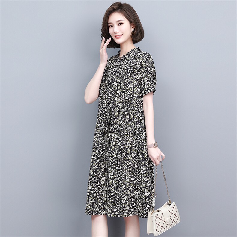 2023夏季新款时尚气质收腰显瘦休闲舒适花色连衣裙,女装连衣裙,独衣靓