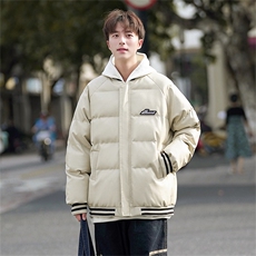 条纹拼接黑色皮棉衣男款冬季加厚美式pu皮棉服潮牌痞帅棒球服外套，男装棉衣，电商A028