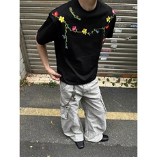 嘻哈美式高街花卉刺绣设计感短袖男女潮牌宽松重磅空气层情侣T恤，男装T恤，星座506A