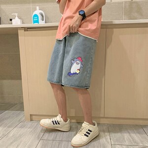 港风松紧腰男装夏季鲨鱼印花浅蓝色休闲短裤D201-DM29-P45，男装牛仔裤，电商D321-1